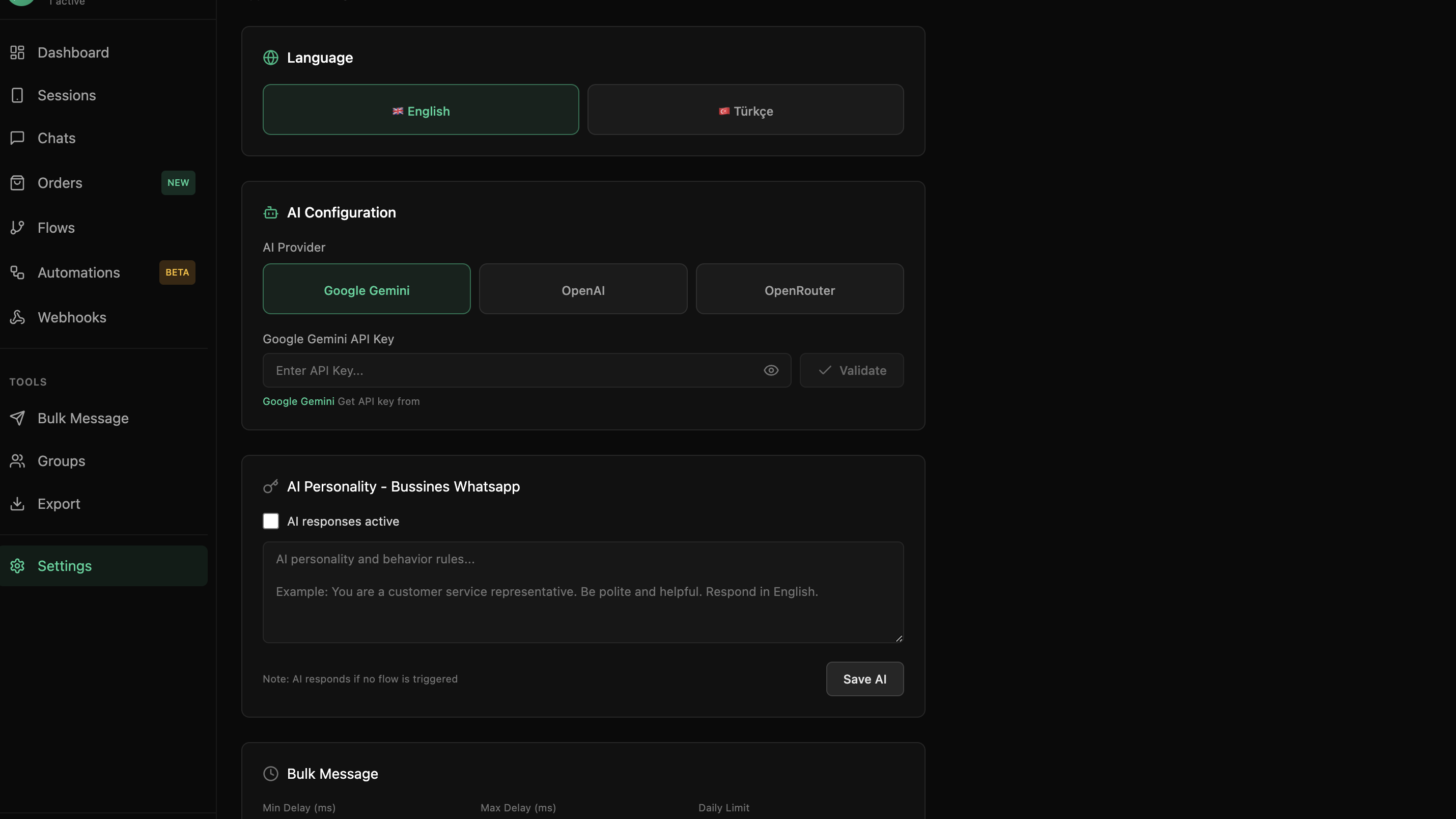wpBot ayarlar ekranı